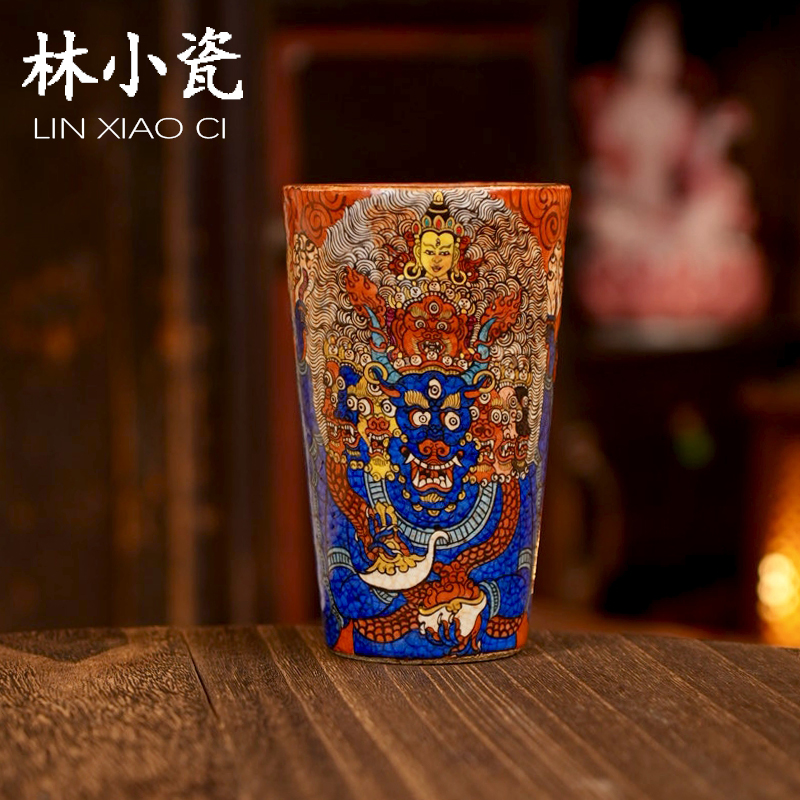 林小瓷九觉堂手绘大威德大可乐杯柴烧志野岩矿大杯咖啡杯拿铁杯