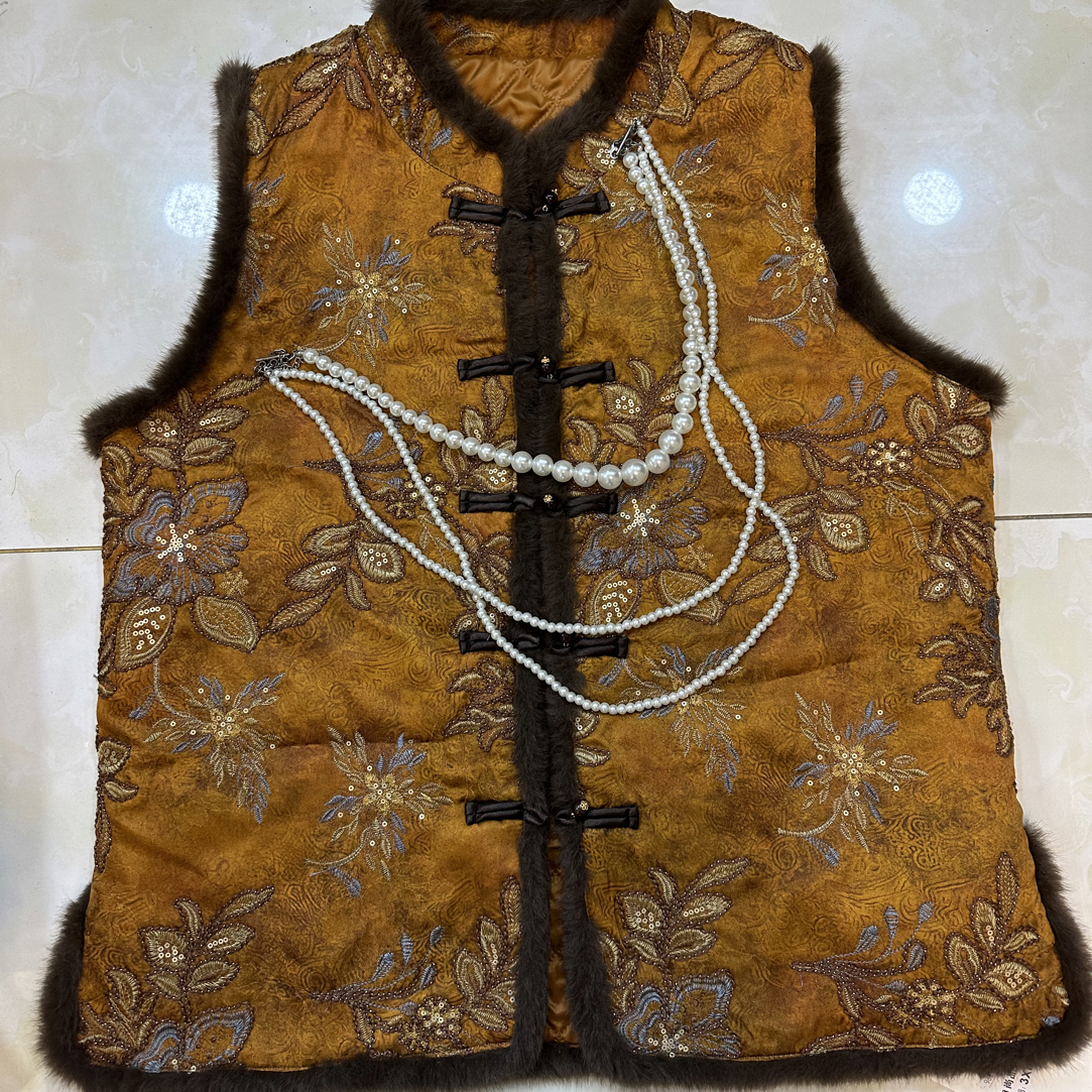 （欣欣家）大码女装新中式复古重工刺绣加棉马甲背心