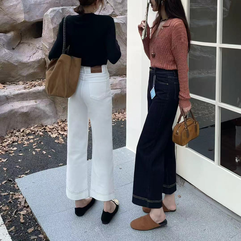 6087#秋季新款直筒牛仔裤百搭显瘦遮跨时尚裤脚刺绣奶奶裤牛仔裤