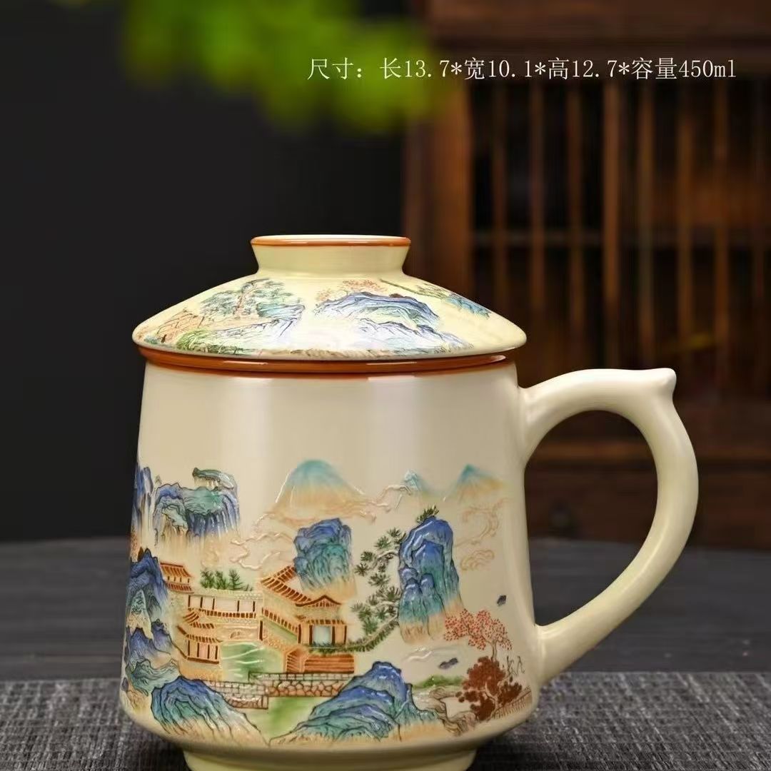 茶水分离青花汝窑水杯三件套大容量家用G2761