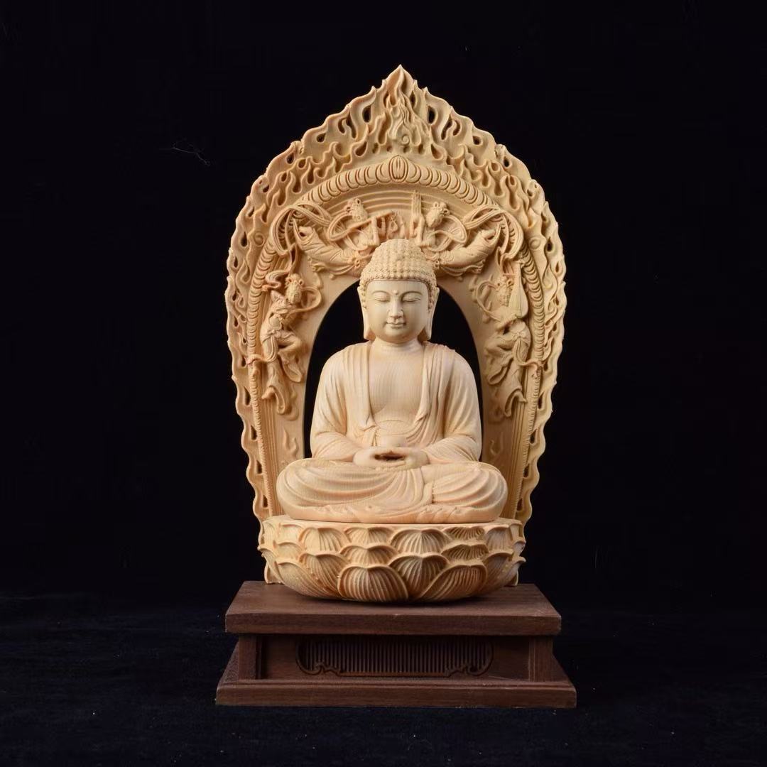 桧木雕刻精雕地藏王三圣释迦佛像摆件菩萨神像家居家用供奉