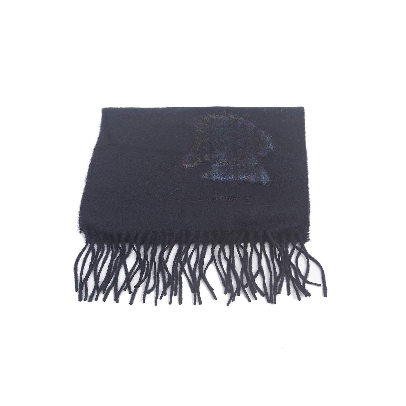 全新未使用 Hermes/爱马仕 【念念活动】撞色马头 羊毛围巾 藏青