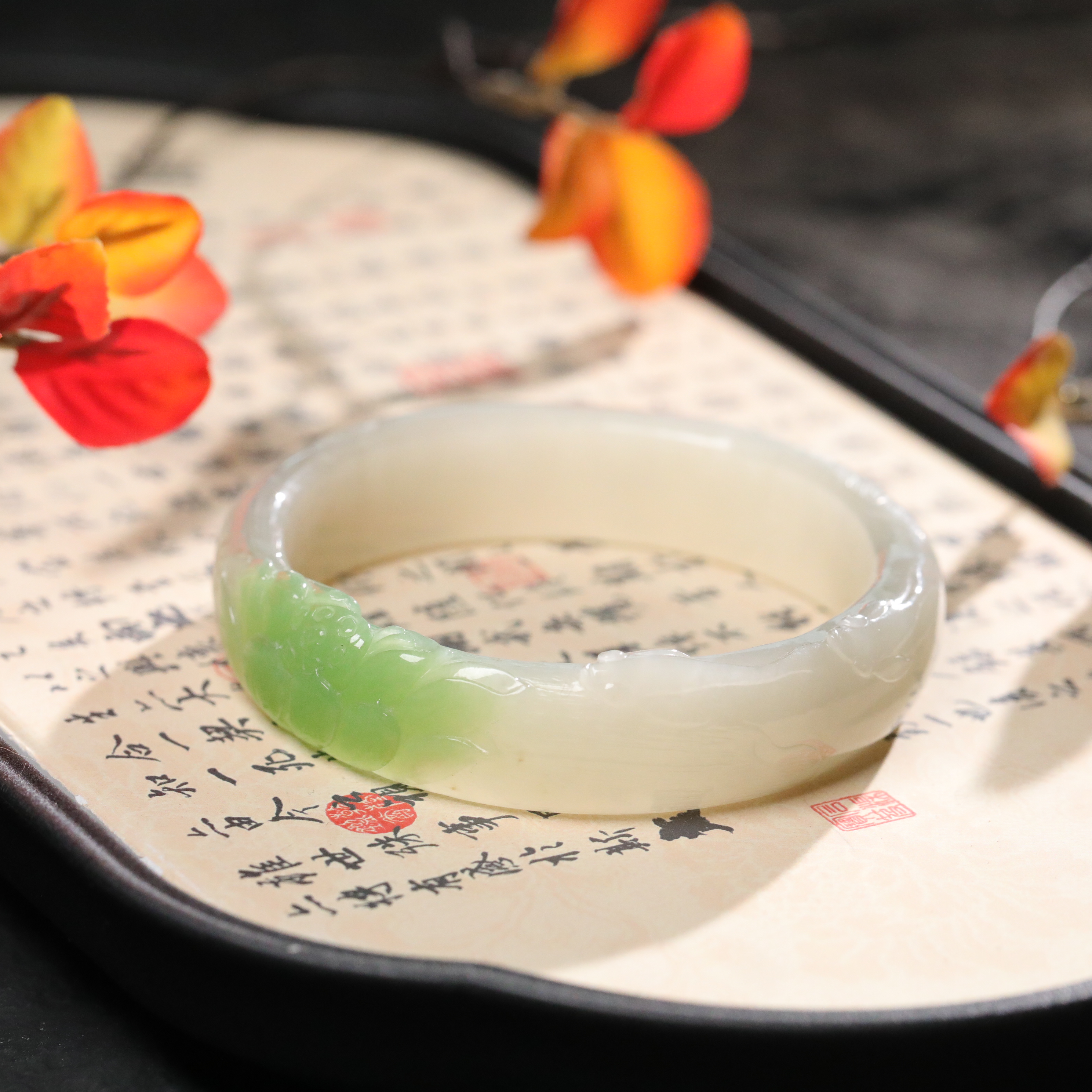 【韶华】天然和田玉翠青一口翠莲花镯轮胎条优雅清新厚重复古贵气