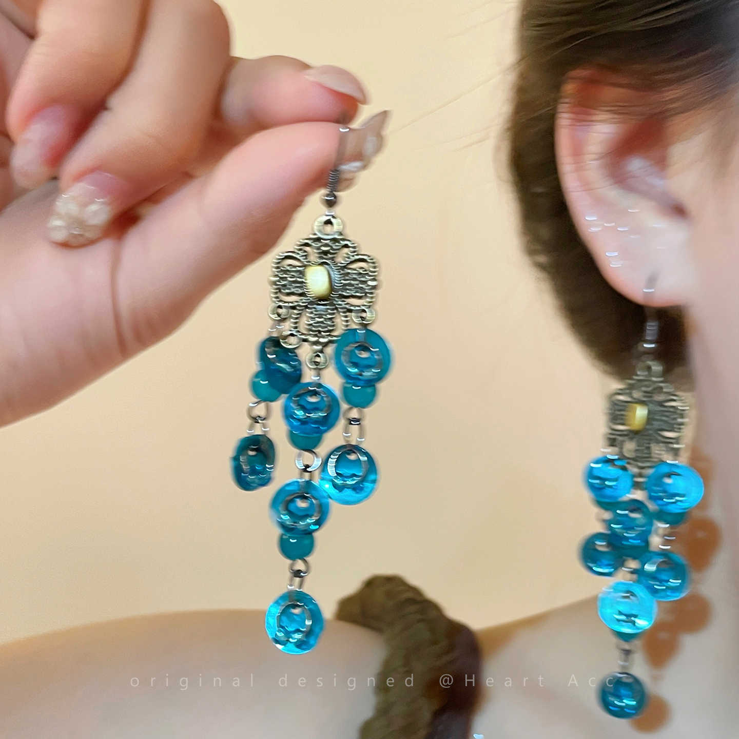 合金耳饰 蓝色风铃贝壳流苏耳环女复古异域民族风耳饰清冷感耳钩