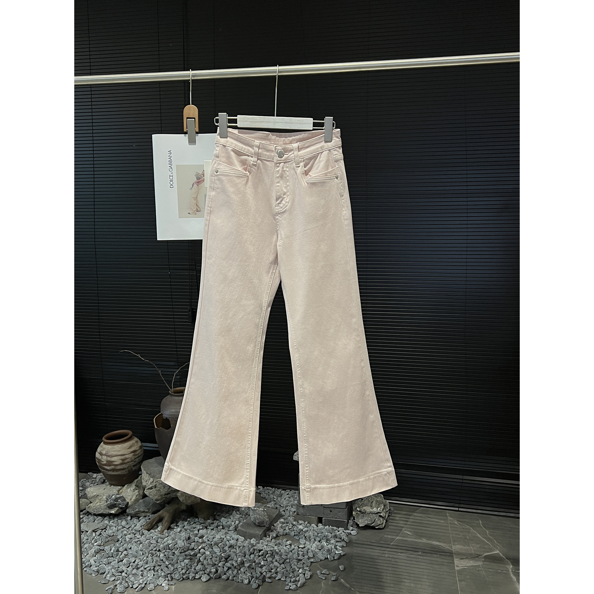 樱花粉弹力牛仔喇叭裤99002-7（清）