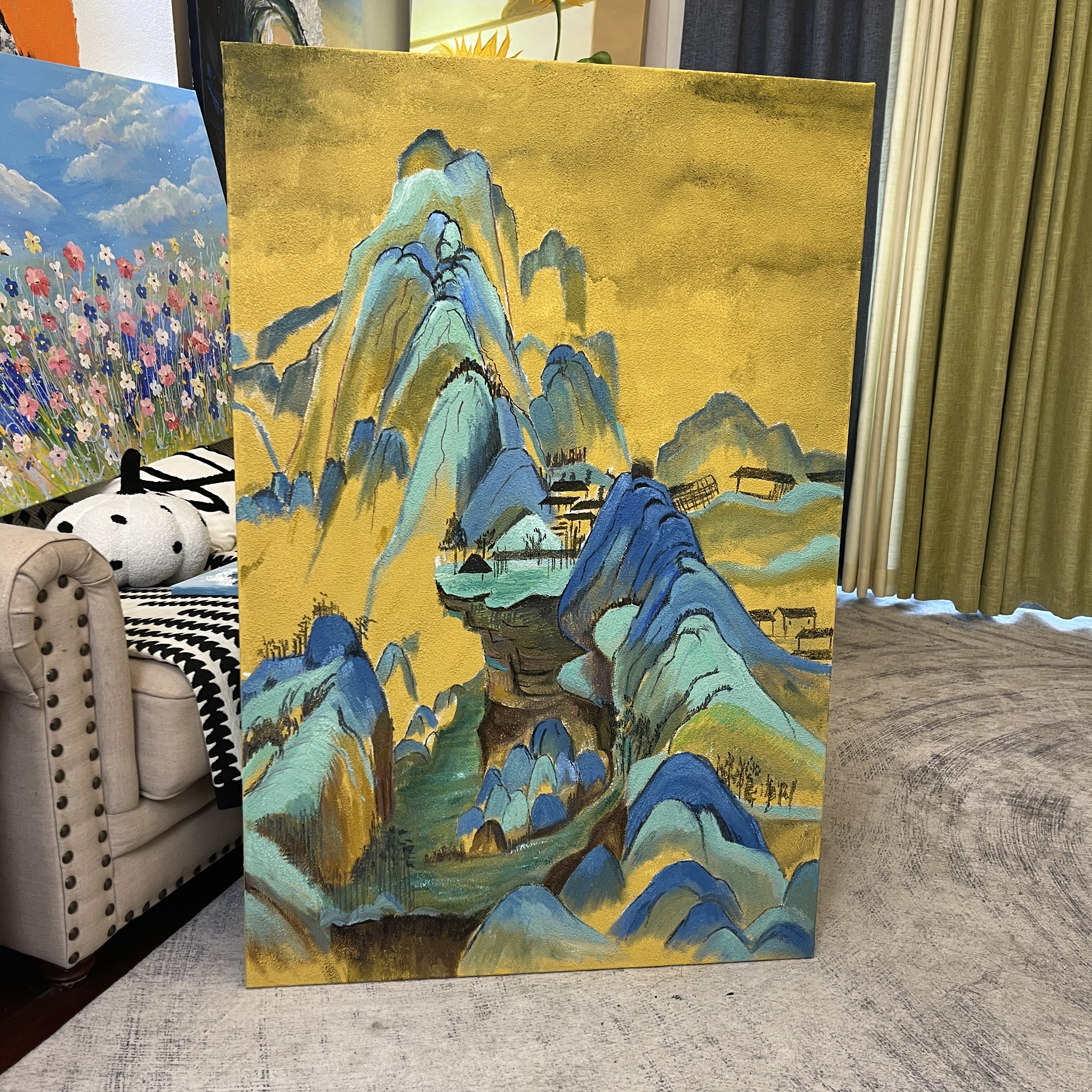 新中式千里江山图肌理画手绘油画玄关装饰画立体山水风景客厅挂画