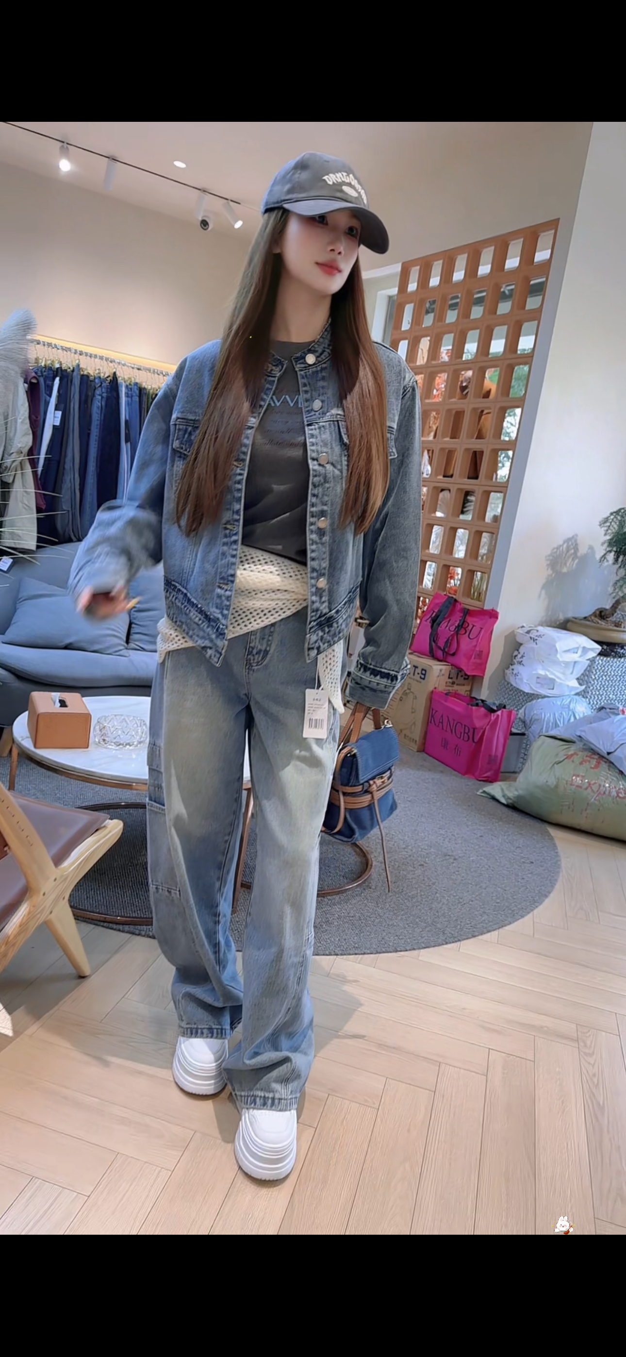 韩版高腰直筒工装阔腿牛仔裤百搭女宽松显瘦