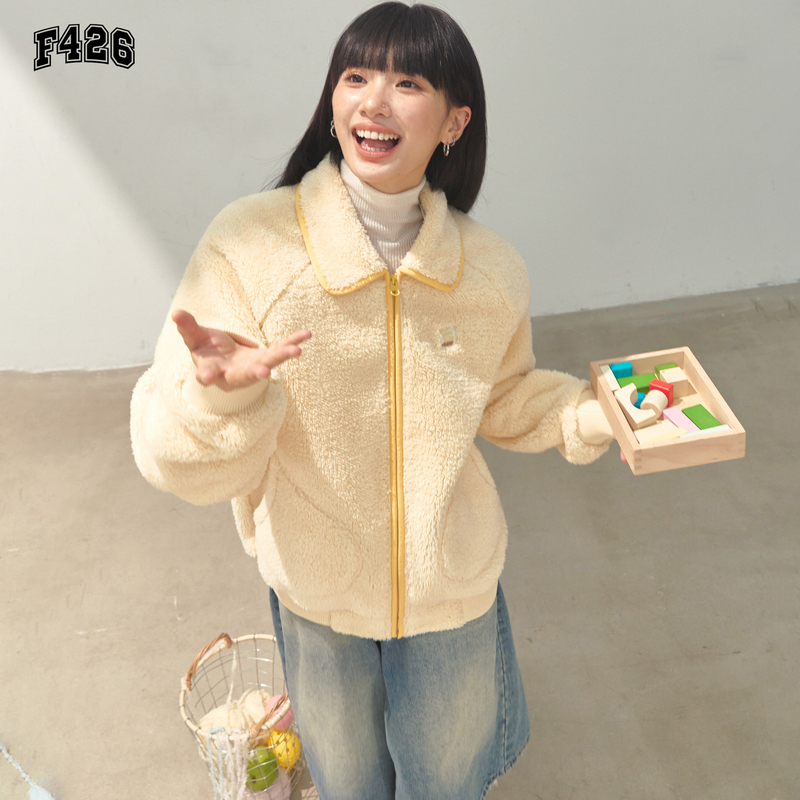 F426国潮秋季新款情侣翻领撞色包边毛绒外套休闲宽松保暖上衣7376