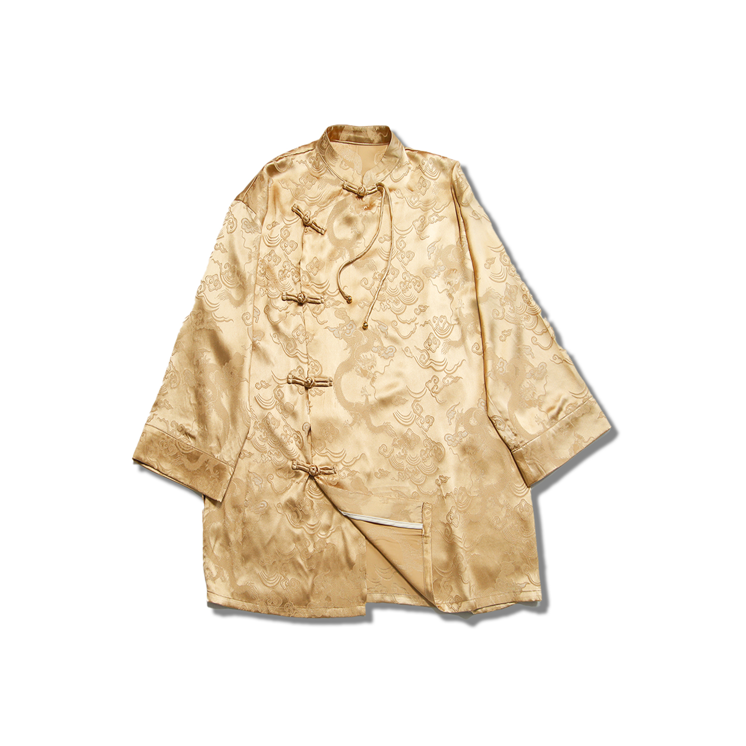 30姆米满桑波缎龙纹祥云凤凰团花香槟金立领斜襟流苏衬衣12112-1