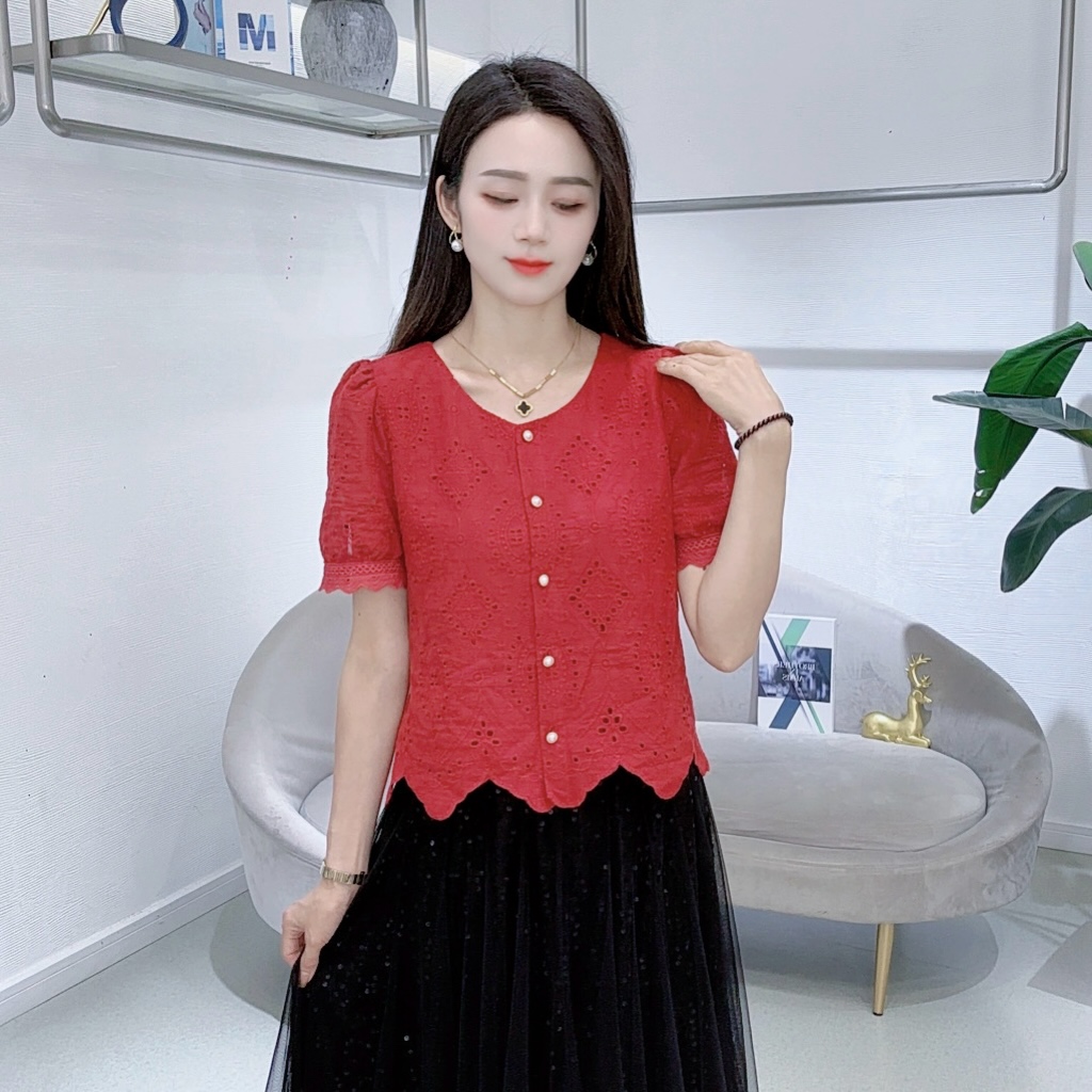 A8396法式短袖衬衫百搭洋气减龄时尚气质显瘦上衣