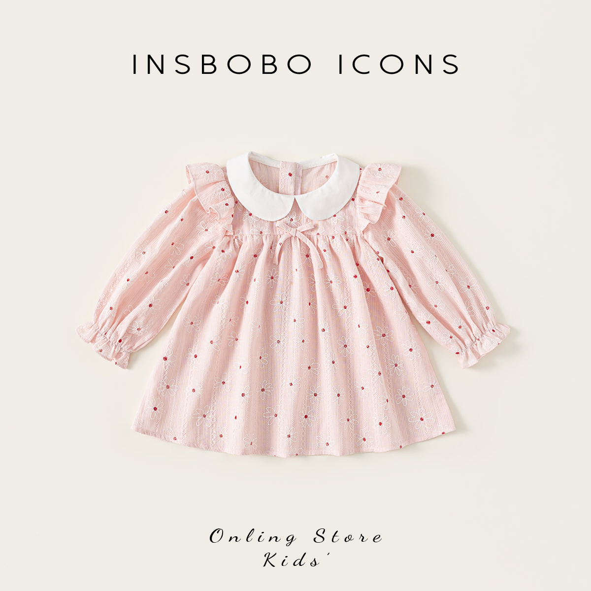 INSbobo女童秋季可爱泡泡袖娃娃领蝴蝶结装饰A字型连衣裙QQ15021
