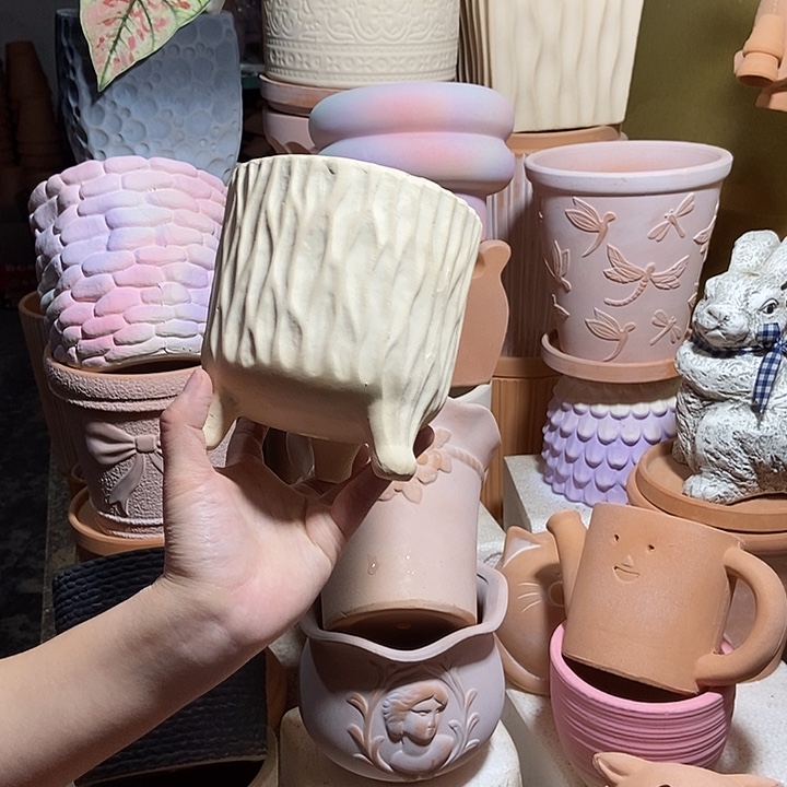 13×14白陶三脚树纹盆 粗陶1个