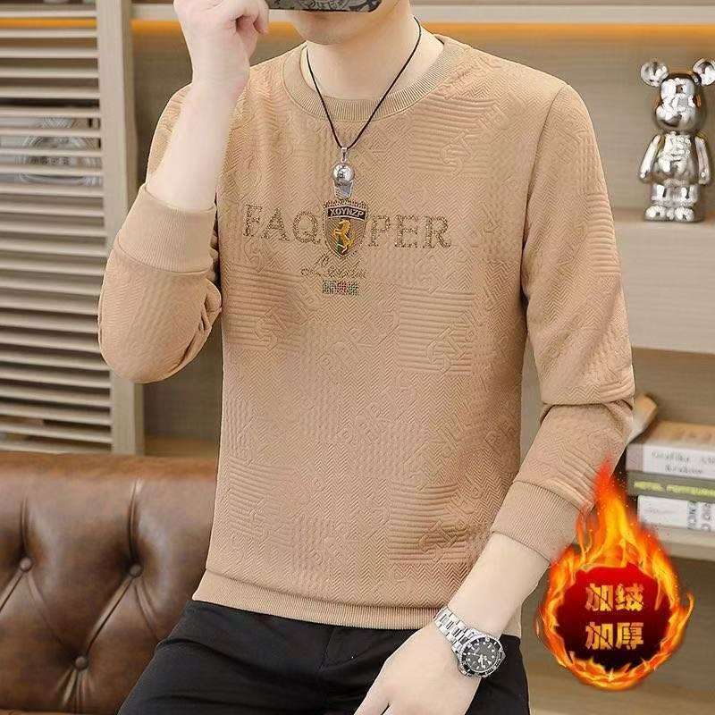 2025提花加绒卫衣男t恤潮流烫印字母秋季款青年长袖T恤打底上衣