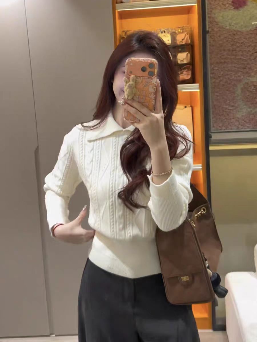 polo翻领套头麻花针织衫2025秋冬新款加厚简约内搭高腰长袖上衣女