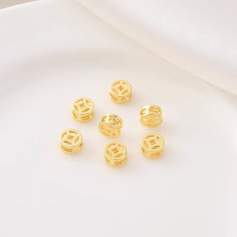 18K金铜钱四通隔珠手工DIY立体福字串珠配饰