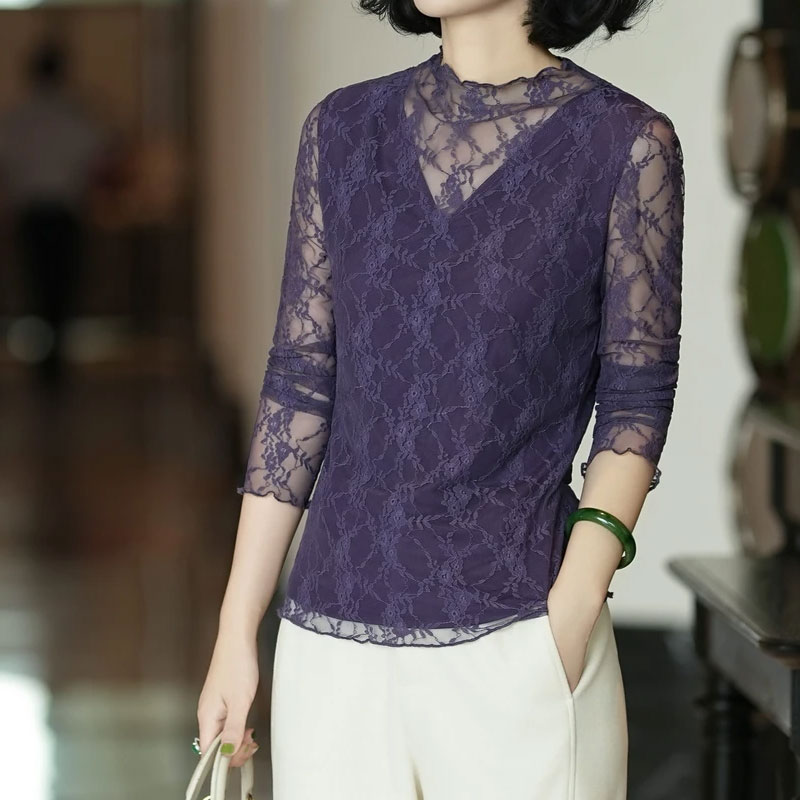 2026春季新款蕾丝镂空长袖打底衫女宽松套头气质上衣