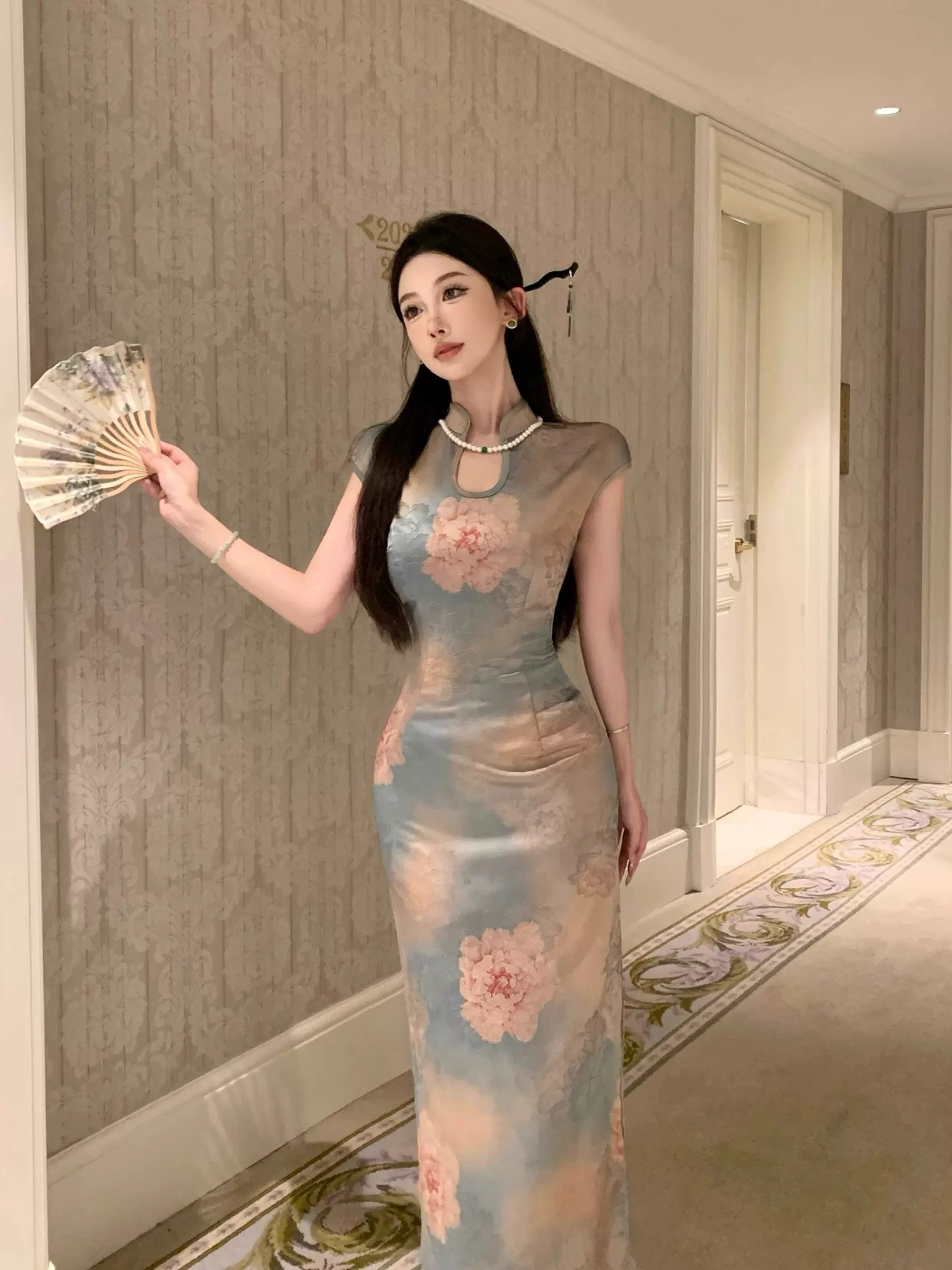 新中式国风高级提花缎面水滴立领连衣裙【清妃笑】----25515