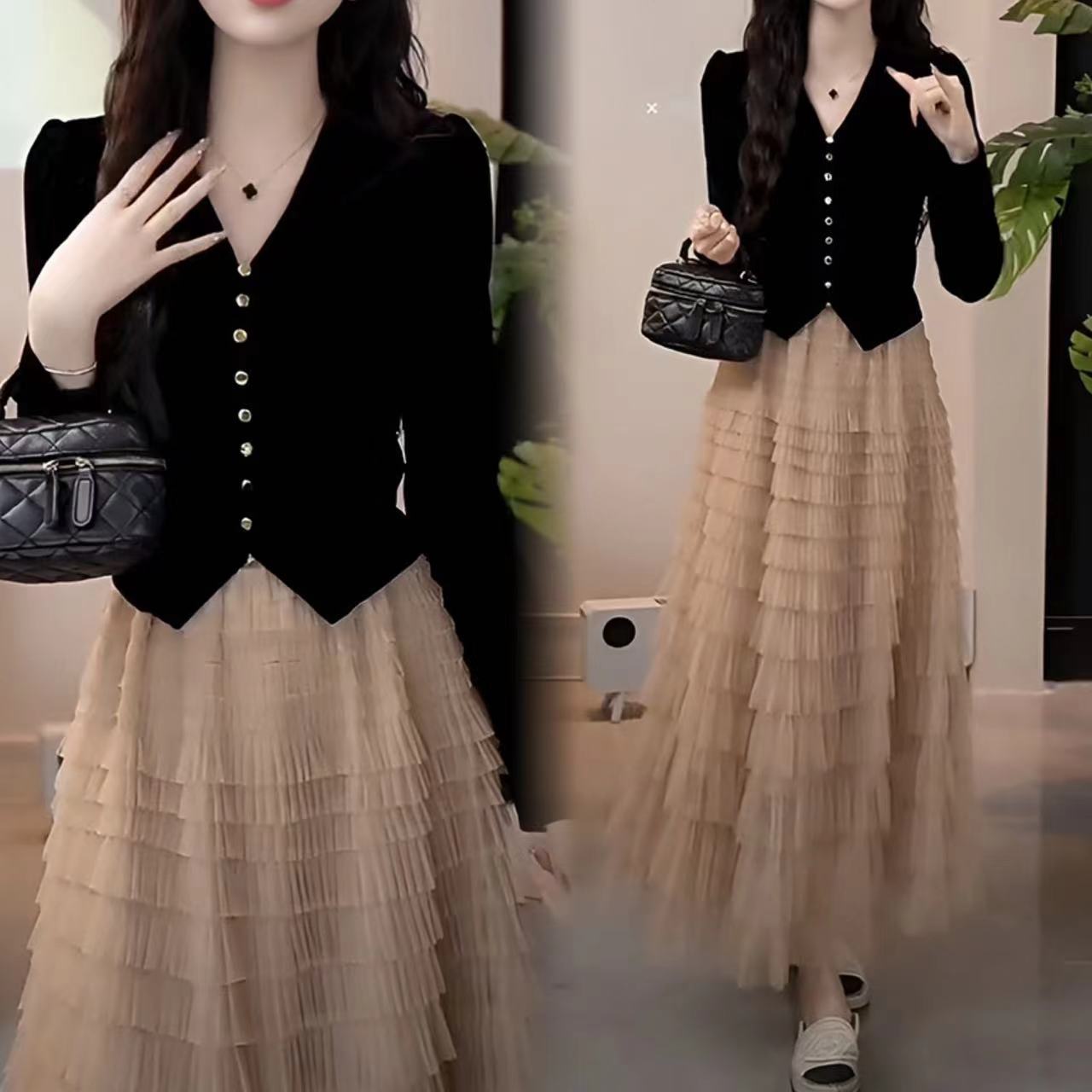 现货2025港风复古时尚套装女秋季v领丝绒上衣单排扣黑色打底衫潮