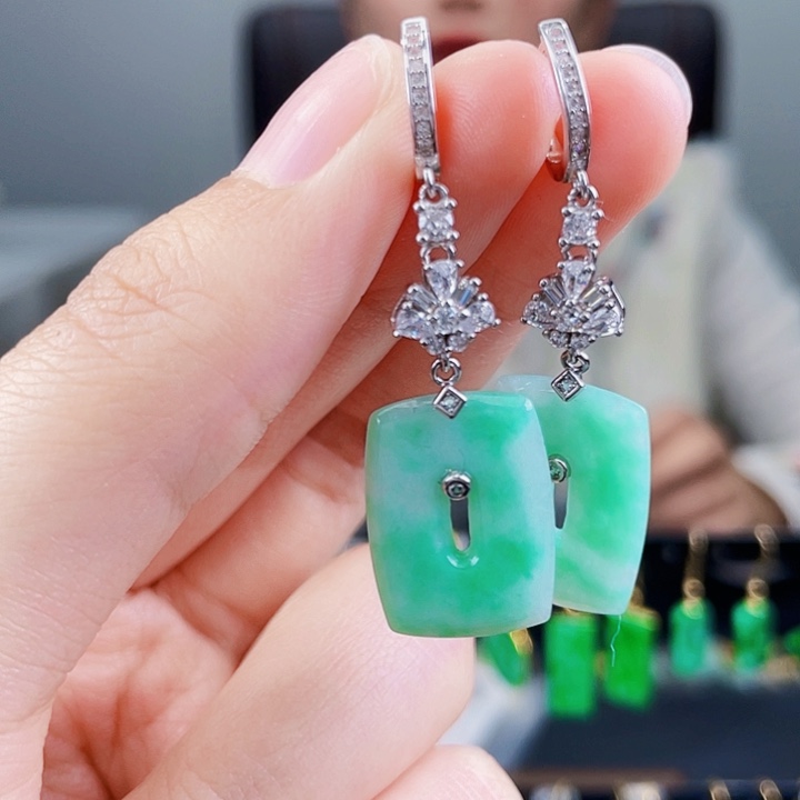 翡翠耳饰银S925镶嵌饰品