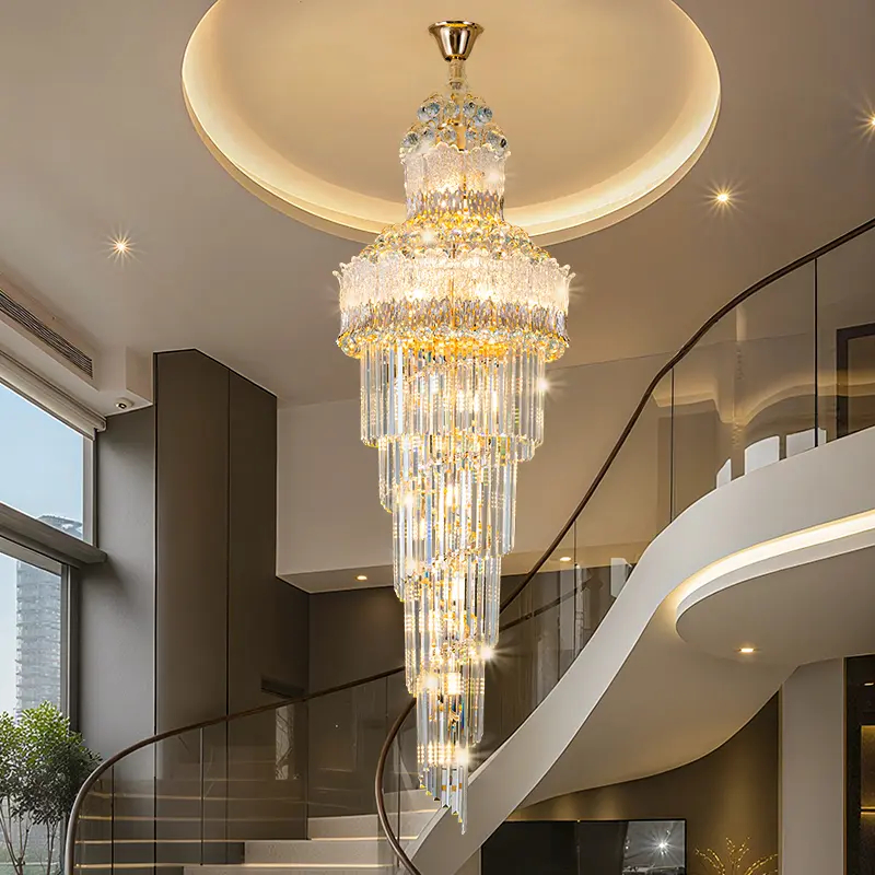 新款复式楼别墅客厅轻奢豪华水晶吊灯楼中楼挑空自建房旋转楼梯灯