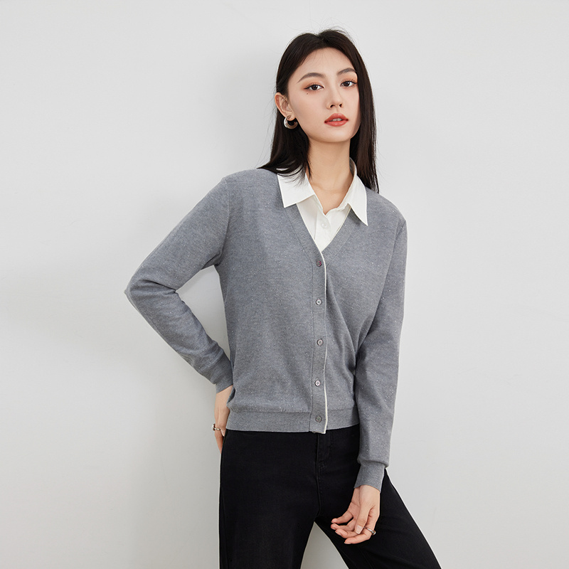 爱客秋季毛针织衫文艺浅灰女长袖休闲上衣开衫毛衣YA25334W006