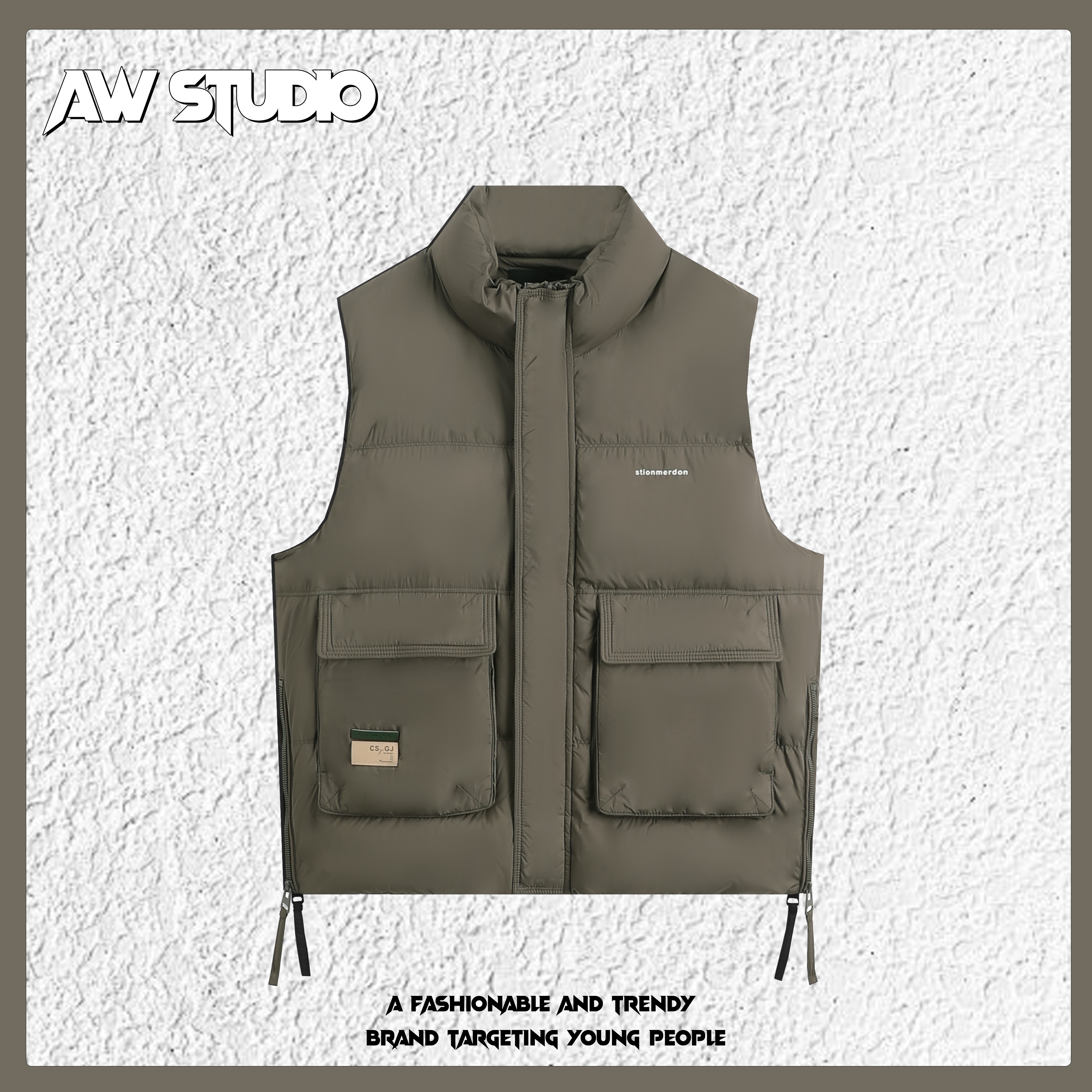 “AW”绿色秋冬羽绒马甲纯色工装加厚高充绒马甲简约百搭休闲Z-0096