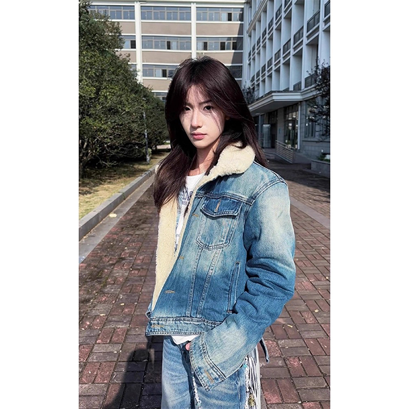 dert美式水洗牛仔羊羔毛夹克外套男冬季加厚做旧拼接翻领短款棉衣