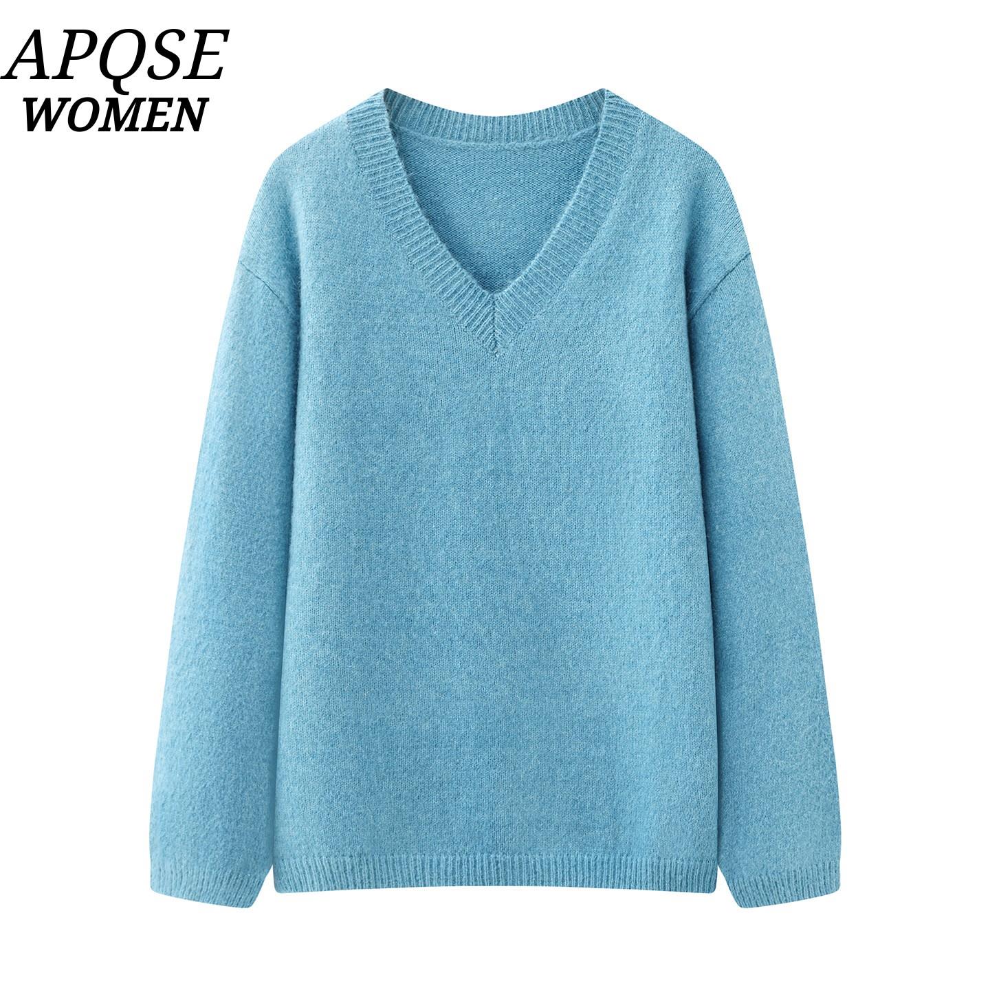 【艾家同款】2025秋冬新款韩系慵懒风V领宽松纯色针织衫毛衣女2200