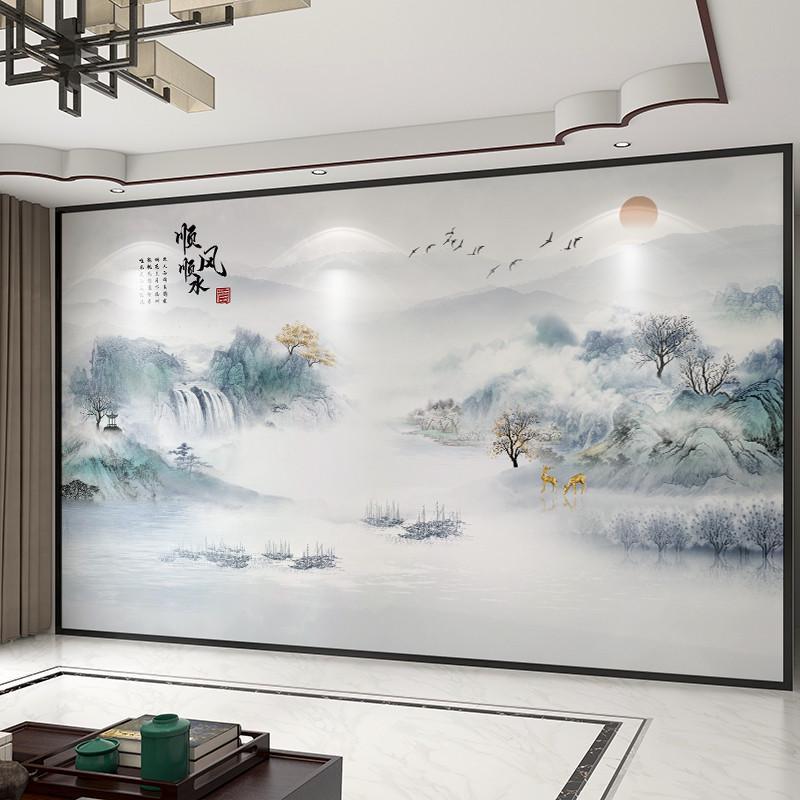 壁画定制3D中式山水客厅电视背景墙壁布卧室墙纸装饰影视墙布壁纸