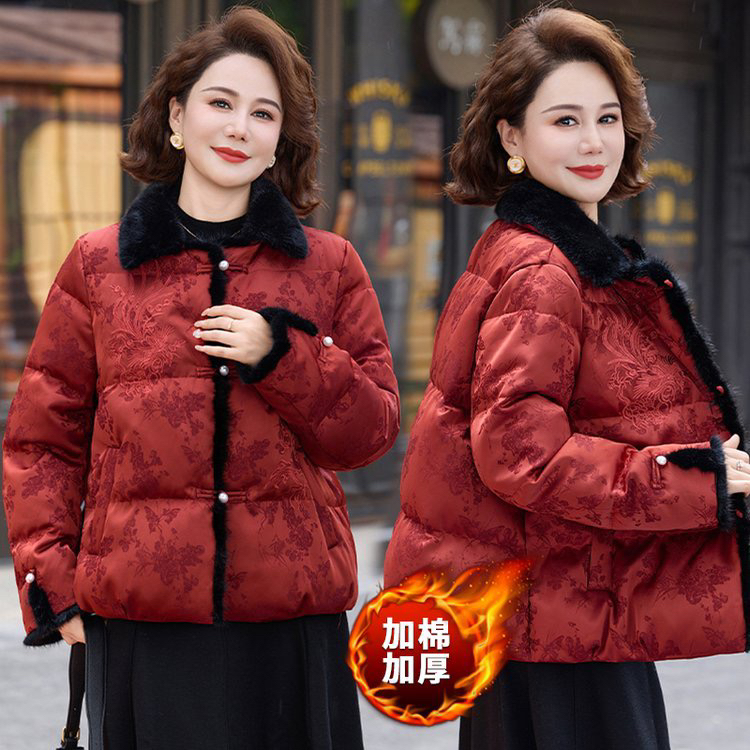 中老年妈妈新中式国风棉袄刺绣盘扣毛领冬季外穿棉服A96