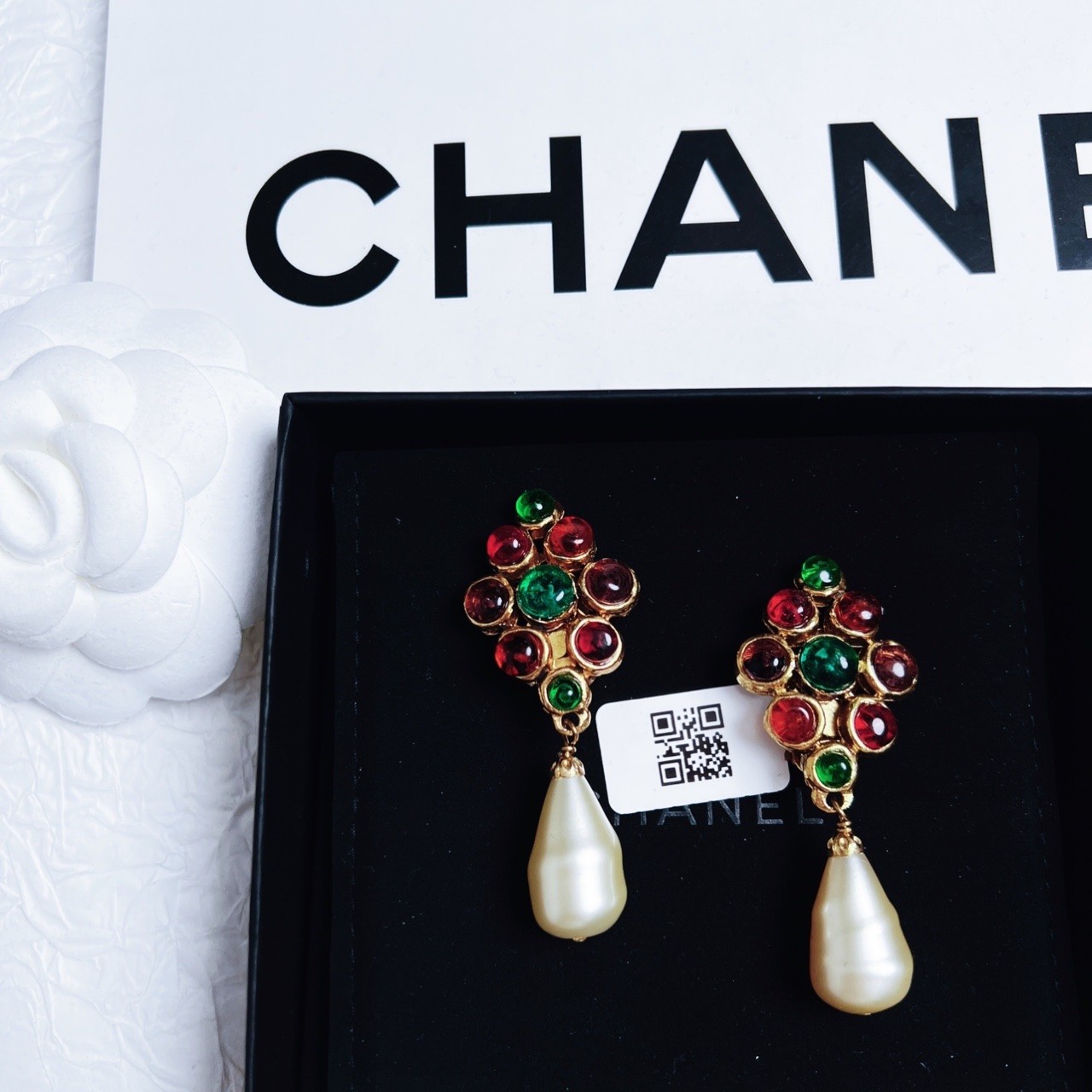 95新 Chanel/香奈儿 柚礼中古/香奈儿红绿琉璃吊坠耳夹cc501020