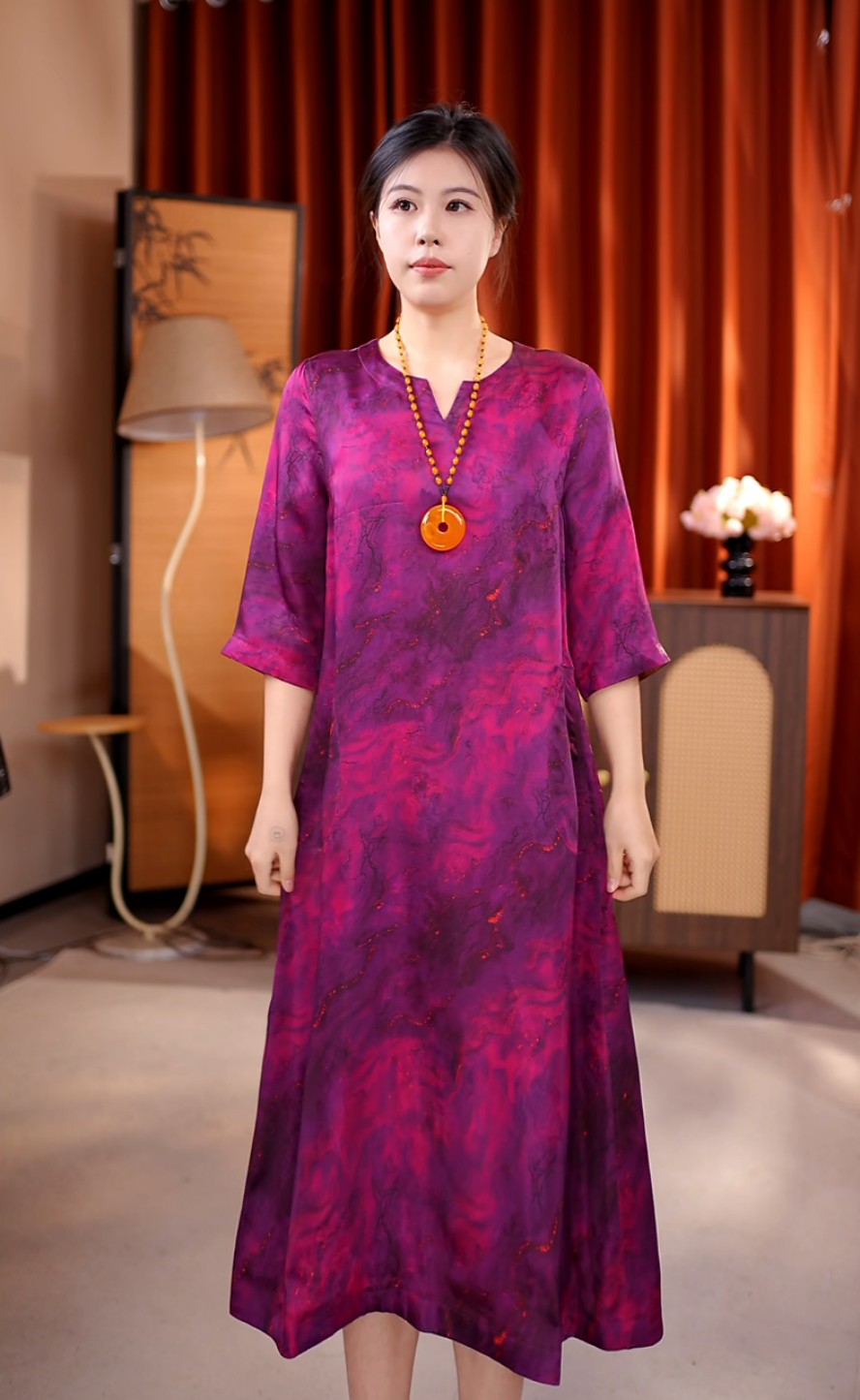 新款红云纱双面穿显高显瘦气质连衣裙（DZ16）