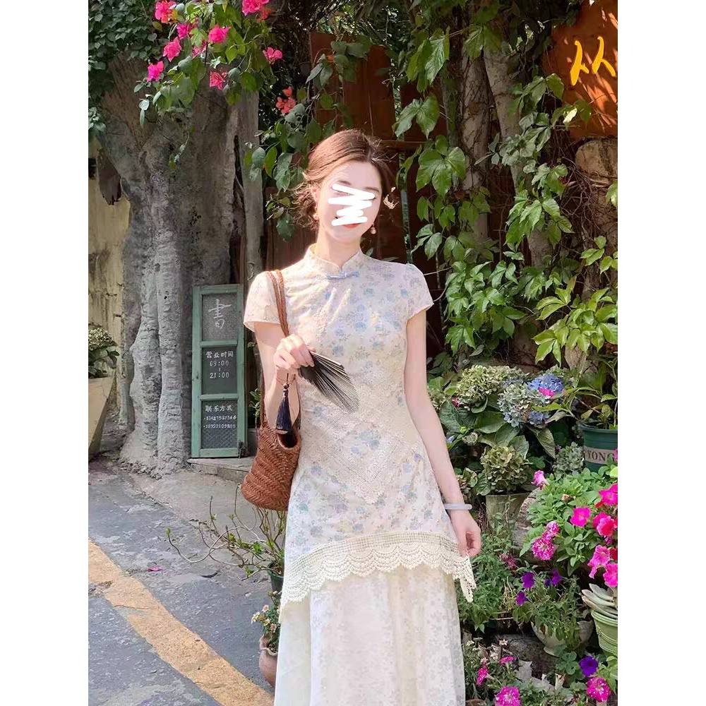 新中式改良旗袍独特漂亮女夏蕾丝镂空碎花假两件连衣裙