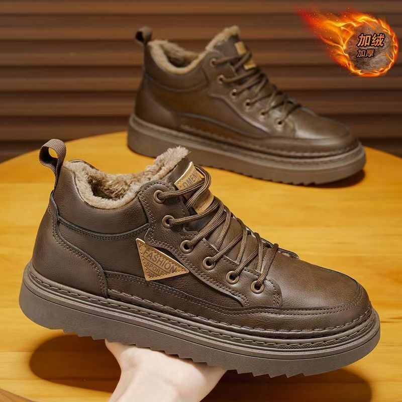 如加绒男鞋2025新款秋冬季高帮板鞋皮面保暖棉鞋PW2323-1