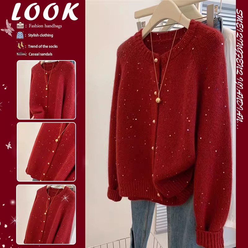 温柔氛围感亮片圆领毛衣开衫女秋冬本命新年复古红色软糯针织外套