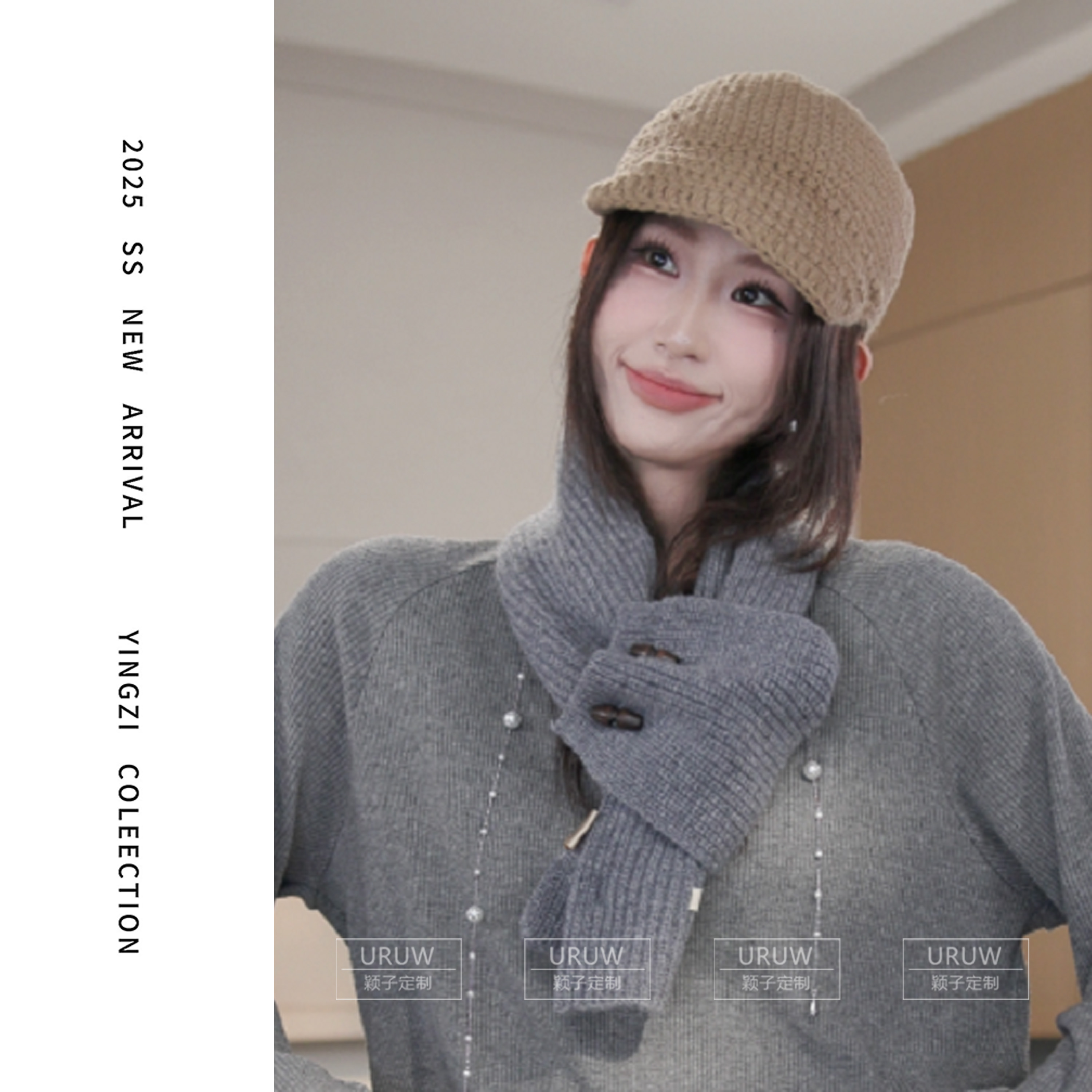 【颖子定制】冬季时尚百搭100羊毛围巾牛角扣交叉保暖护颈围脖5183