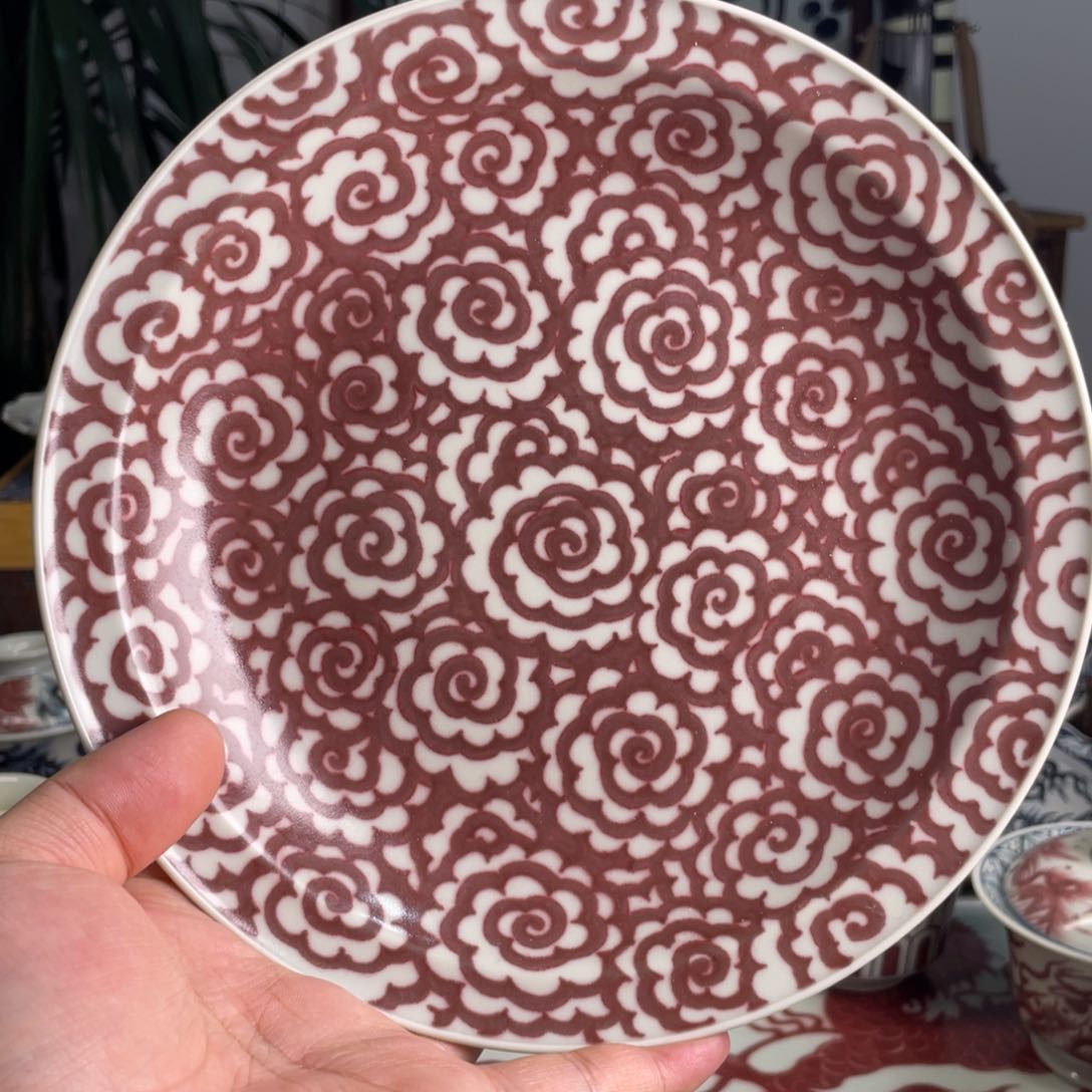 青花釉里红火烧云壶承