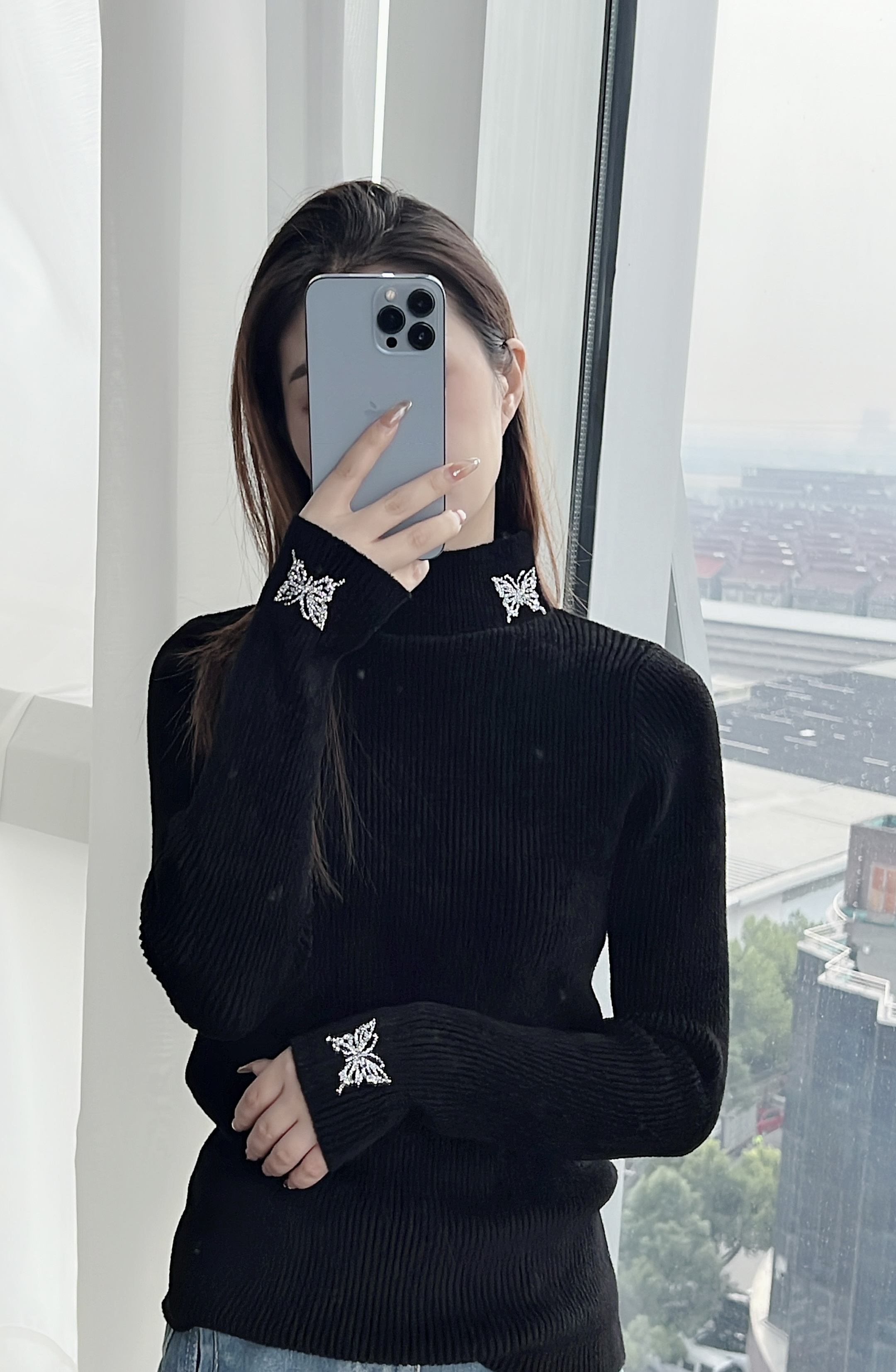 刘婷穿搭 冬季加厚三支蝴蝶高领不起球毛衣