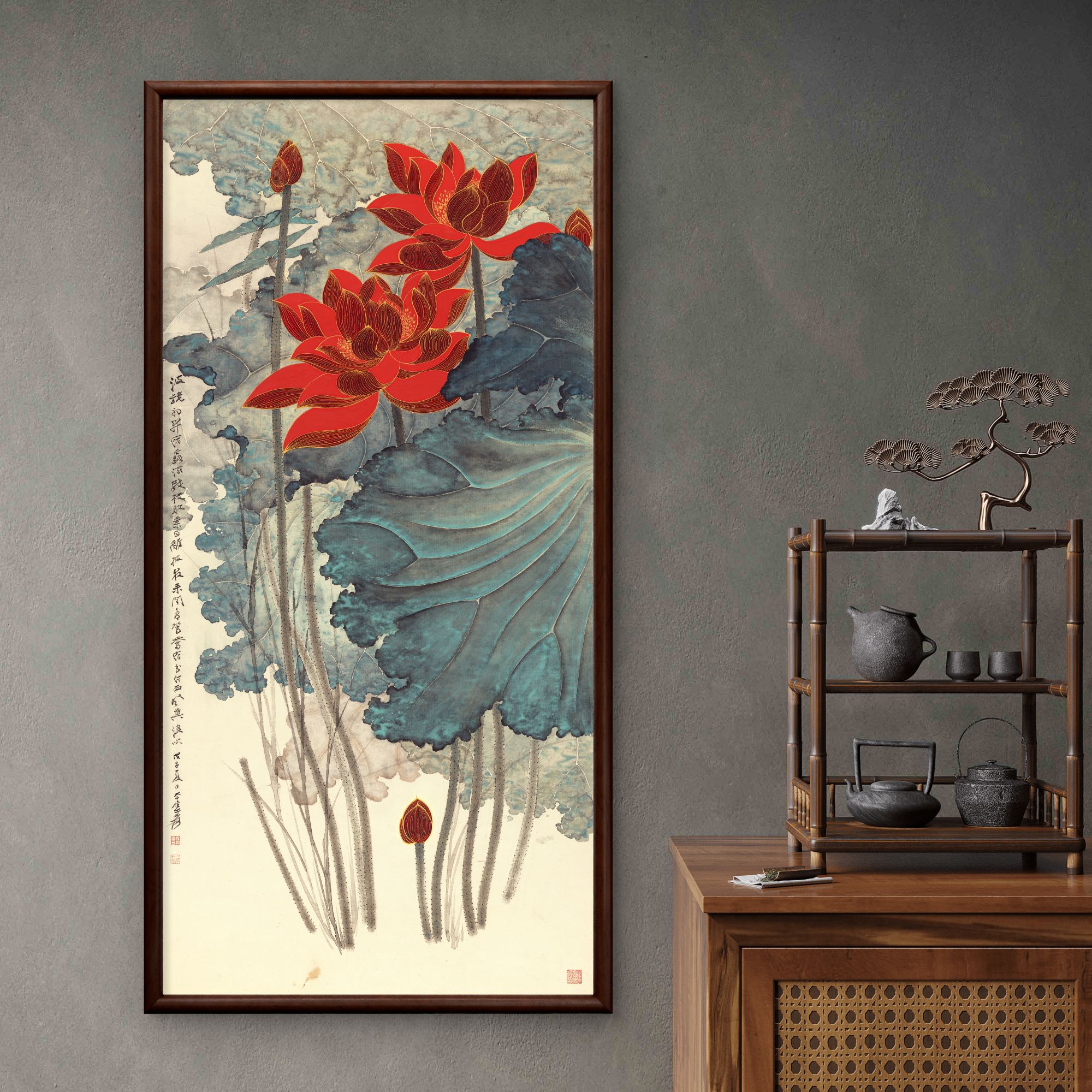9912-55*110金丝荷花中式装饰画实木框玄关书房茶室客厅挂画