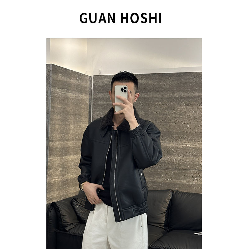 【冠什么希男装】冬季「皮质与绒感的二重奏」重磅复古水洗皮衣外套男