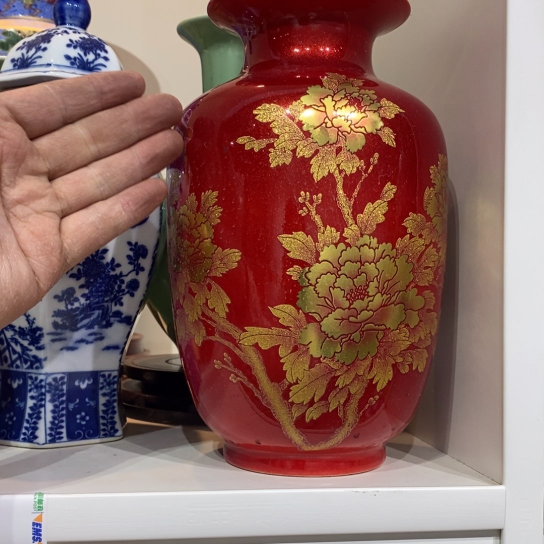 陶摆件22cm金沙牡丹冬瓜瓶