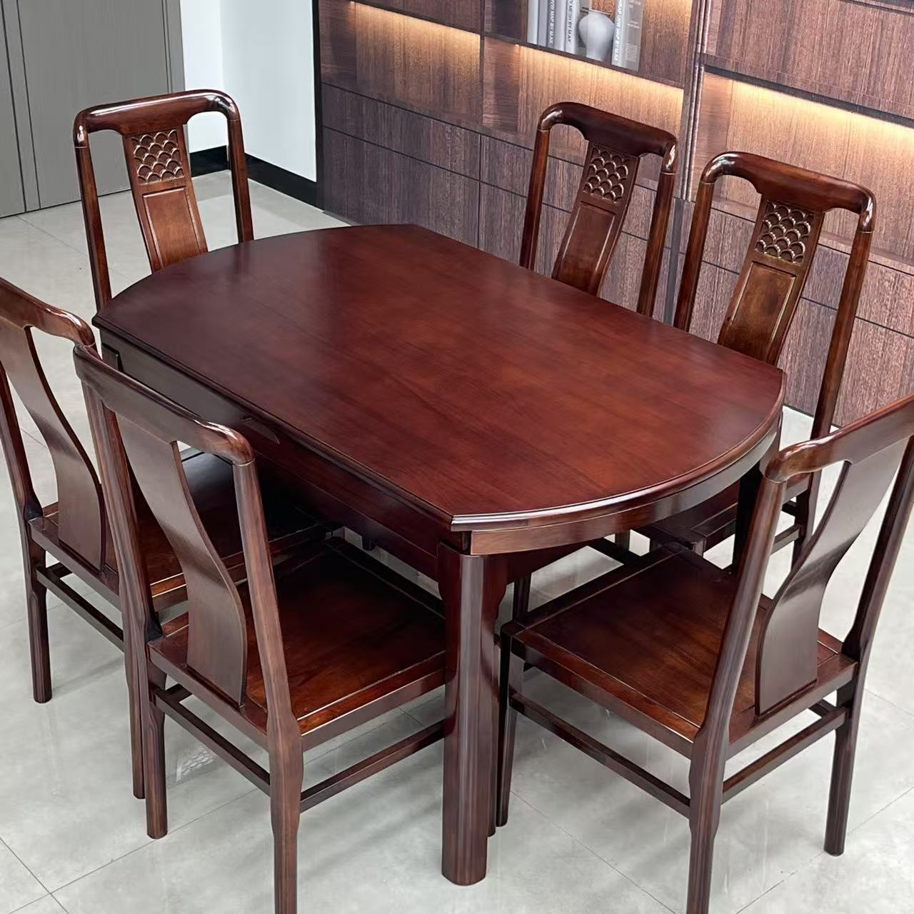 【老板定制】乌金木加厚全实木餐桌椅组合新中式可折叠方圆两用家用