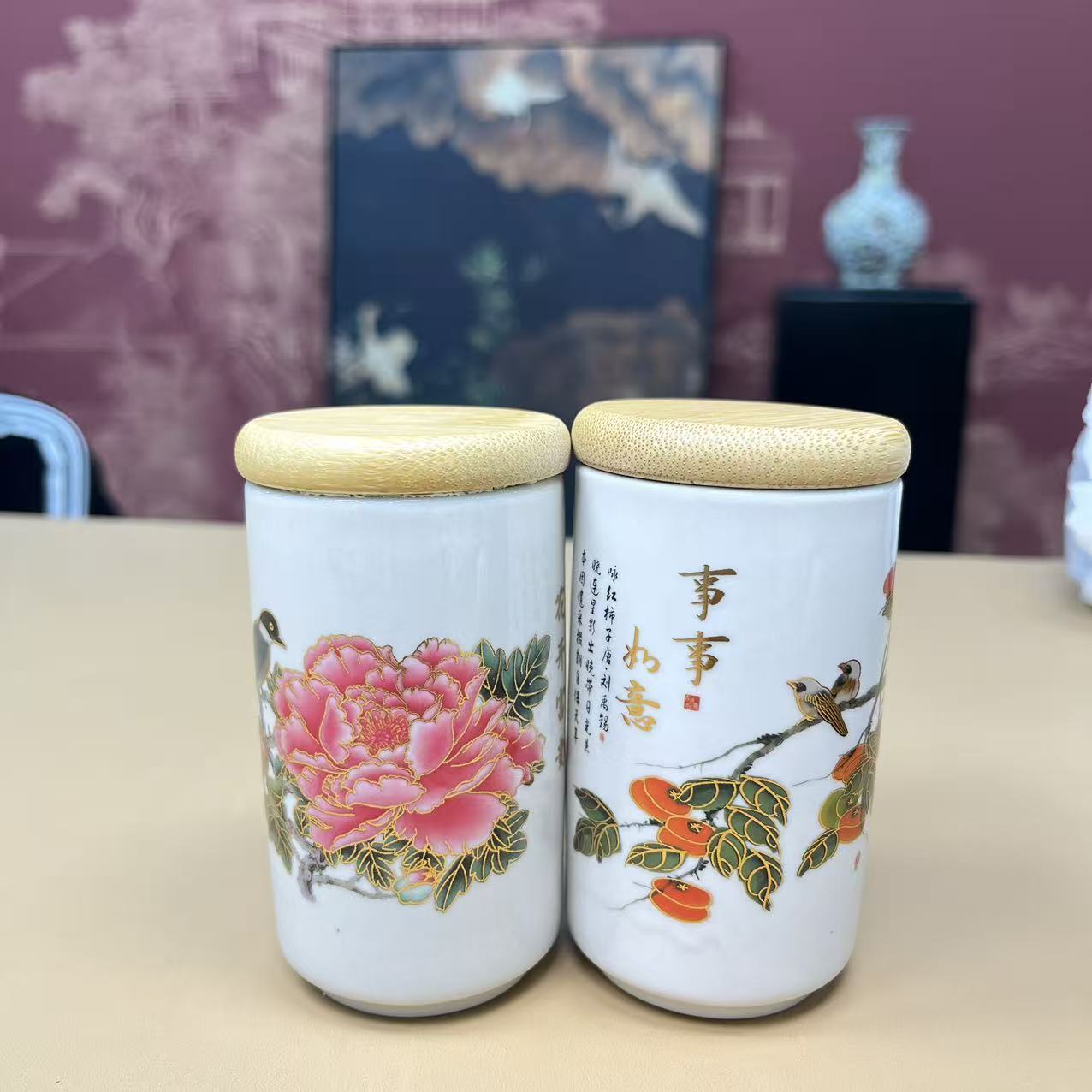 事事如意+花开富贵茶叶罐一对@z458