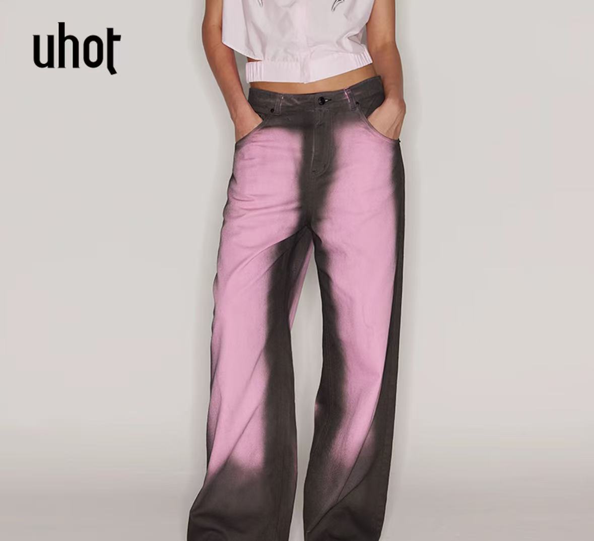 UHOT 粉灰色渐变直筒牛仔长裤女装别致时尚经典休闲百搭UWFR3K438