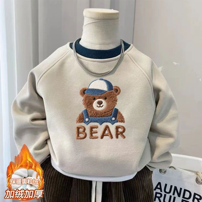 儿童新款卡通小熊撞色上衣中大童秋冬加绒卫衣男女孩洋气可爱打底
