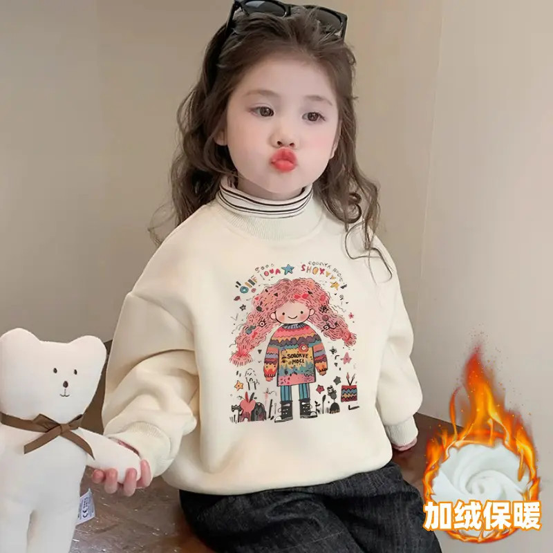 女童半高领加绒卫衣秋冬新款洋气小女孩卡通保暖一体绒假两件上衣