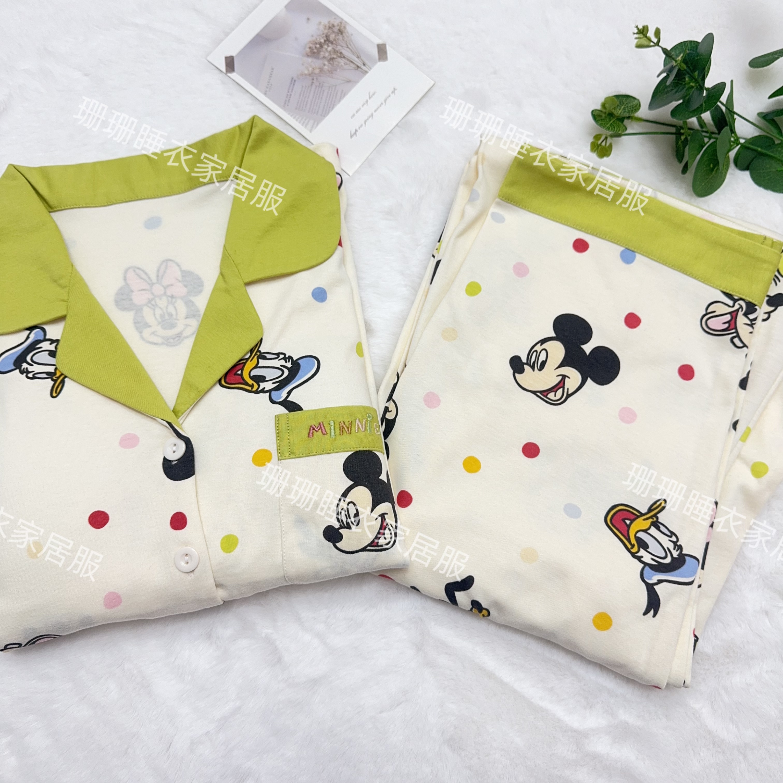 058#秋冬加厚款100%纯棉米奇长袖翻领开衫胸垫女士睡衣套装家居服