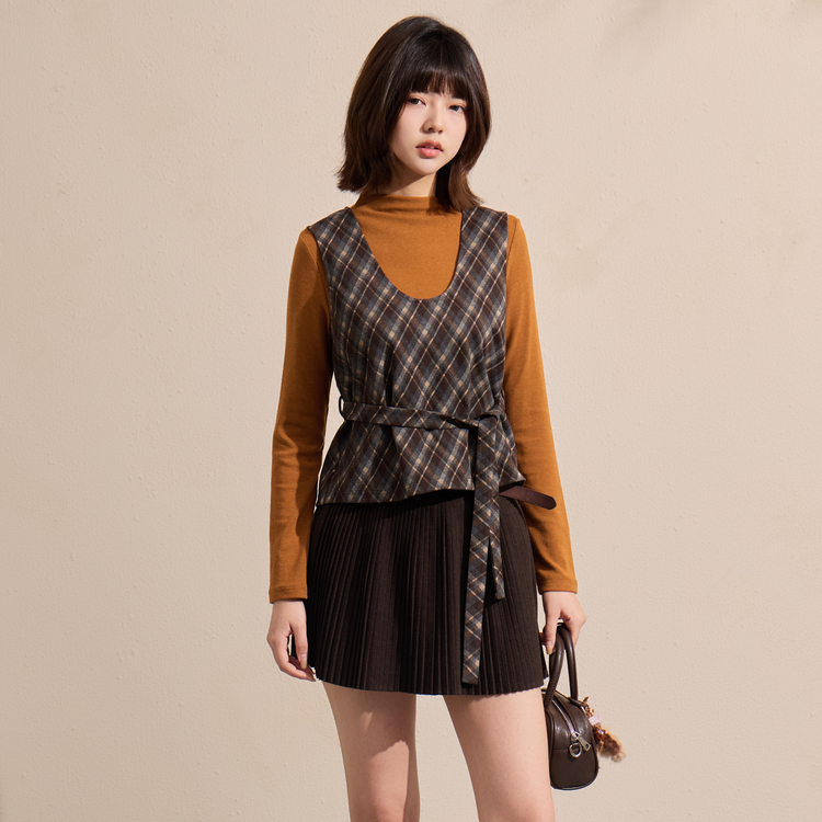 西町村屋复古套装女装2025冬新款气质格纹内外套含腰带XHAD10951