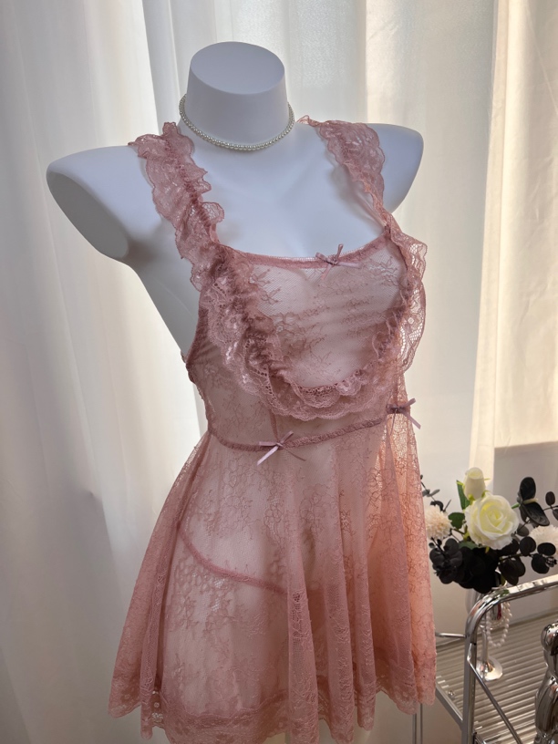 泡泡星球上肤粉法式舒适V领性感后开叉睡裙连衣裙纯欲镂空宫廷风