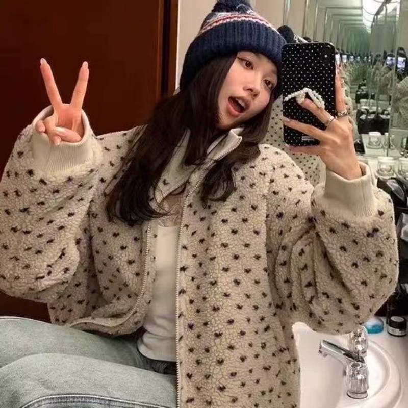 韩系爱心糕糕毛拉链款休闲百搭宽松外套-3569